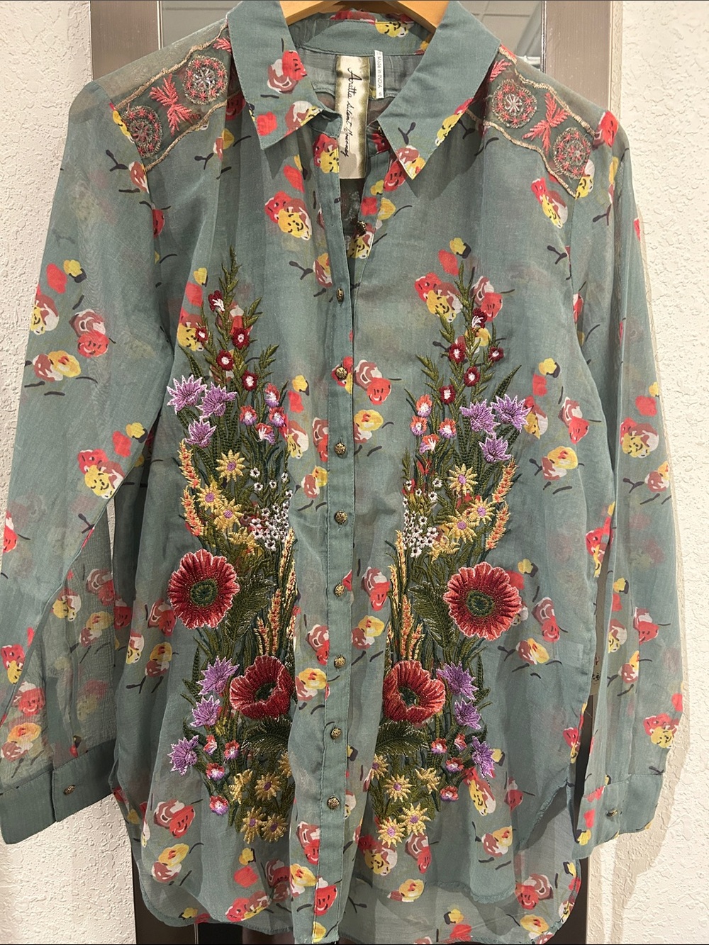 Aratta Sage Sheer Embroidered Button up Top NWT size Small.